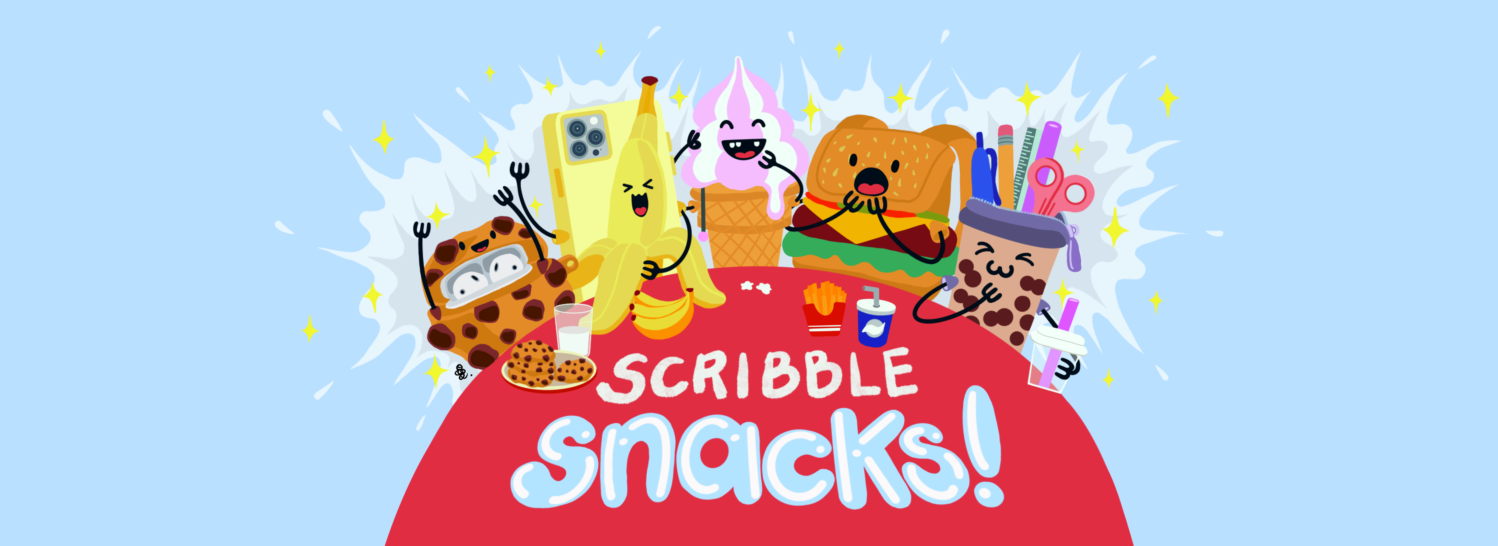Meet the Scribble Snacks crew, transformed into the munchies they were munching! On a bold red table emblazoned with 'Scribble Snacks!', our characters are reborn as tasty treats: the AirPods case grins wide as a cookie, the phone case waves excitedly as a ripe banana, the lamp shines bright as a beaming ice cream cone, the backpack squeals in delight as a stuffed hamburger, and the pencil case slurps boba with a smile. Behind them, a playful magic cloud, adding a dash of fun to the scene.