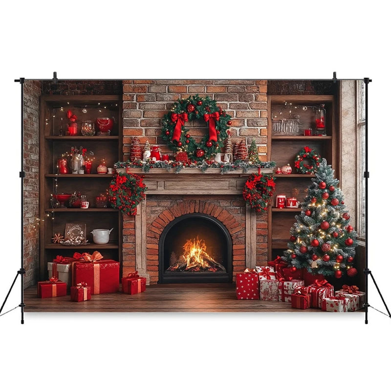 Christmas Festive Fireplace Photography Backdrop