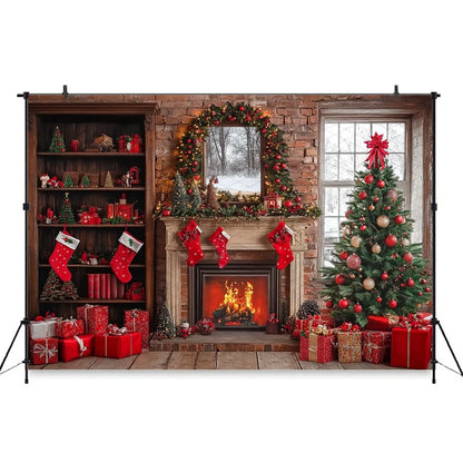 Christmas Festive Fireplace Photography Backdrop