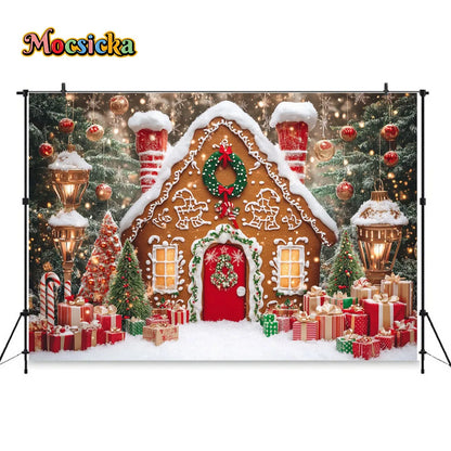 Christmas Gingerbread House Winter Backdrop