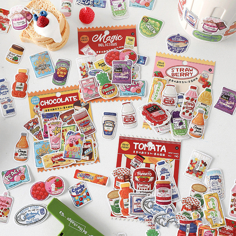 Four sticker pack cards and dozens of small colourful food-and-drink stickers on a white background.