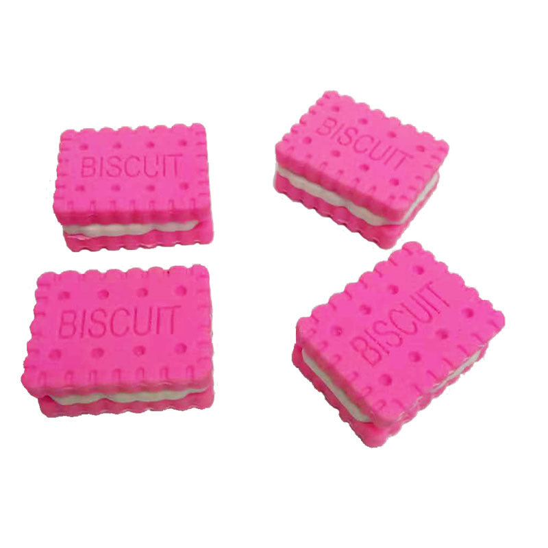 Four pink sandwich-biscuit erasers with white cream centers and 'BISCUIT' embossed, on a white background.