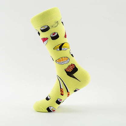 One lime-yellow crew sock with assorted sushi prints (maki, nigiri, chopsticks) on white background.