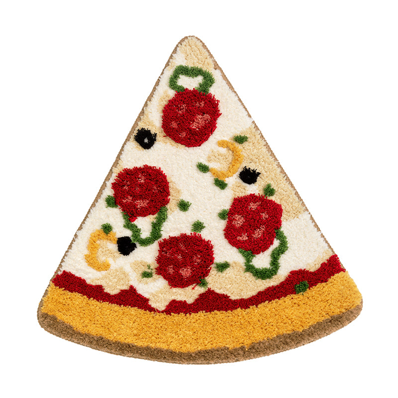 One triangular plush pizza rug with white cheese, red toppings, green accents, black olives and yellow crust.