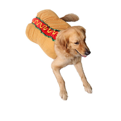Golden retriever dressed as a hot dog in a bun