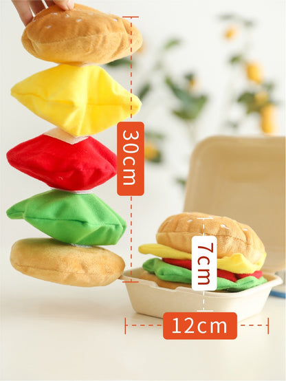 Assembled plush burger (7cm) in box beside a 5-piece stack (30cm): brown, yellow, red, green, brown.