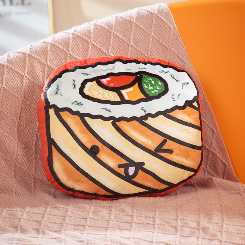 One sushi-roll plush cushion, orange-striped, white rice top, red/yellow/green filling and smiling face.