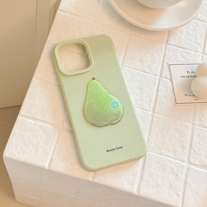 Light green 3D silicone iPhone case featuring a pear design on the back, with a textured finish.