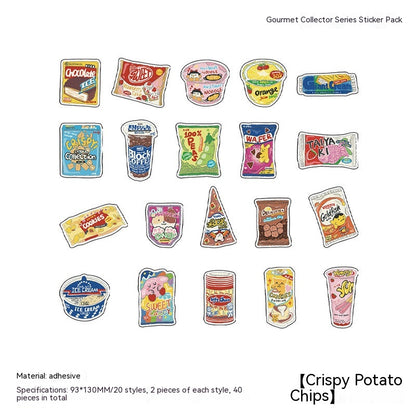 20 colorful cartoon snack stickers in a 5x4 grid on a white background.