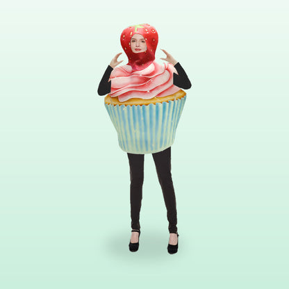 Adult strawberry cupcake costume with a strawberry hood, worn by a woman, on a soft mint background