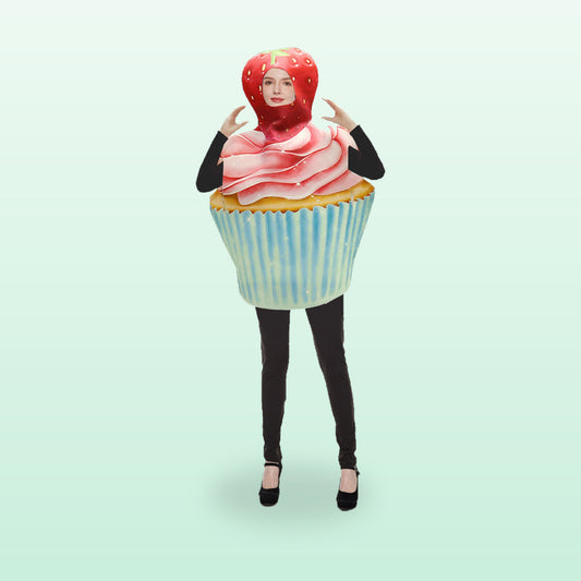 Adult strawberry cupcake costume with a strawberry hood, worn by a woman, on a soft mint background