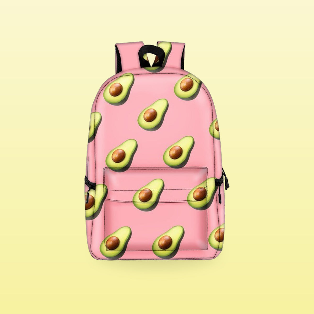 Pink backpack with an all over avocado print, on a butter yellow background