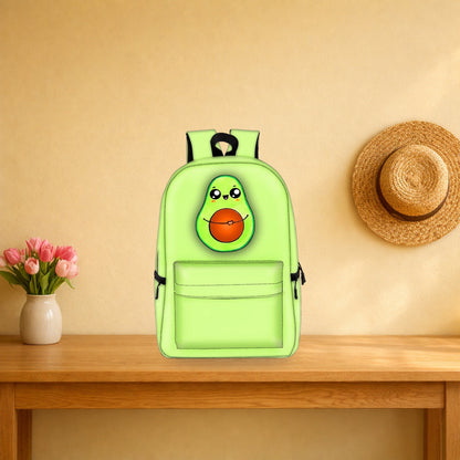 Green backpack with a smiling avocado on the front pocket, on a hallway console table