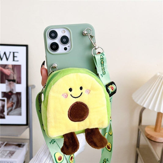 Guacamole Grip avocado plush coin purse iPhone case with crossbody lanyard