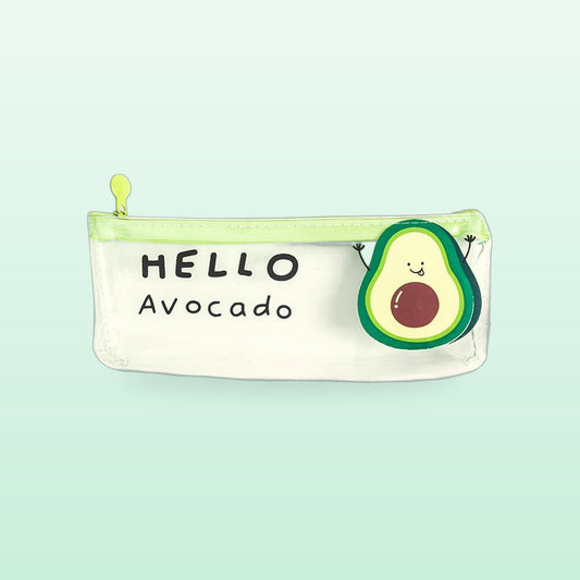 Clear Hello Avocado zip pencil case with a green zip and avocado patch on a mint background