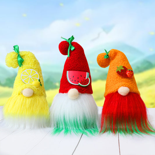 Three fruit-themed gnome plush dolls: yellow lemon hat, red watermelon hat, orange strawberry hat, long bea...