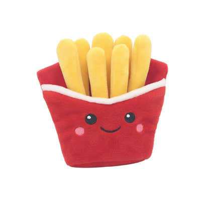 One red plush fries carton with seven yellow plush fries and a smiling face with black eyes and pink cheeks.