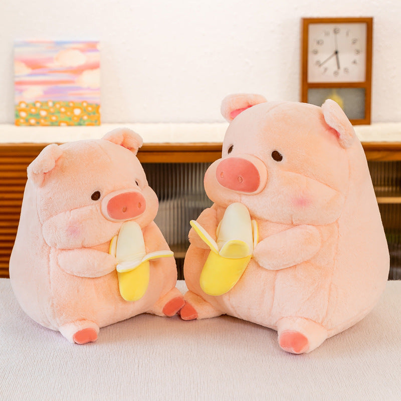 Kawaii pink pig plush toys holding banana snacks, with soft, rounded bodies and cheerful facial expressions.