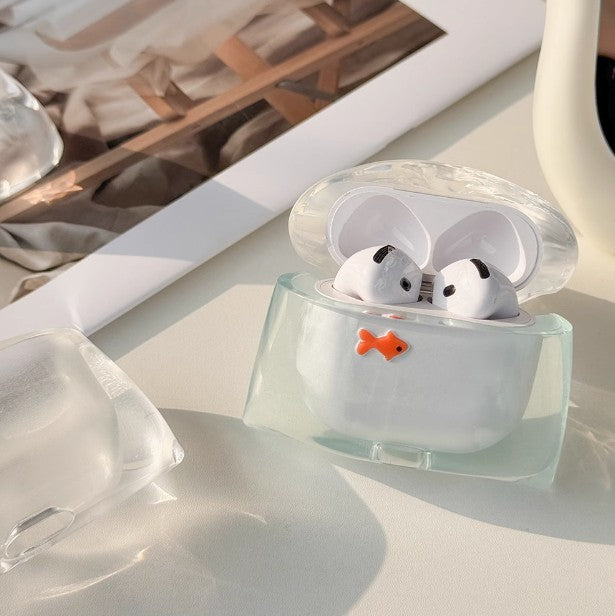 Goldfish bag AirPods case open with the earbuds inside