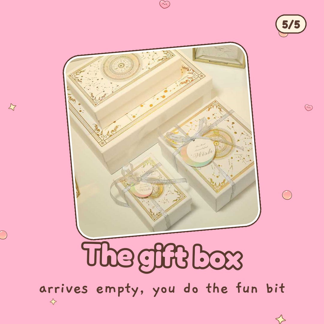The white and gold gift box with lid (supplier photo; ribbon and tag styling not included), arrives empty