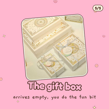 The white and gold gift box with lid (supplier photo; ribbon and tag styling not included), arrives empty