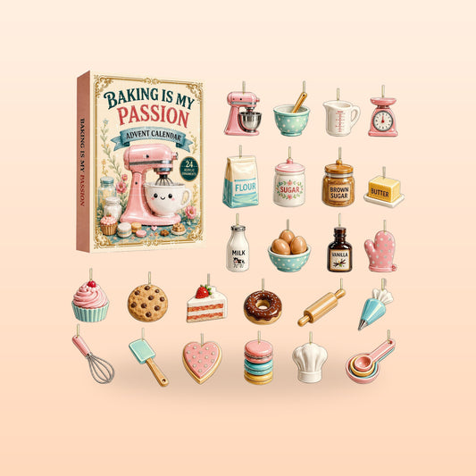 Baking advent calendar box with all 24 baking ornaments laid out beside it, on a peach background