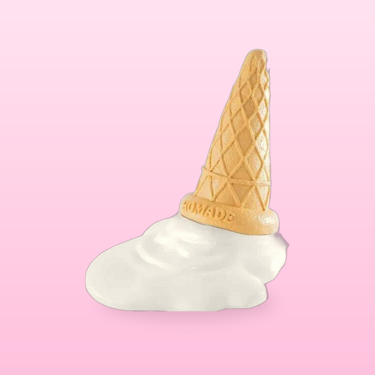 Melting ice cream cone door stopper, upside down on a white melted base, on a pastel pink background