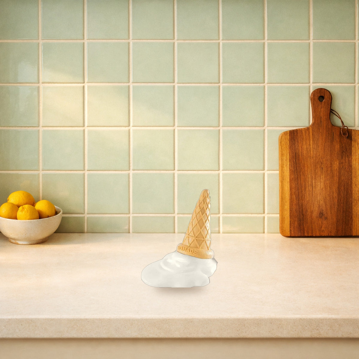 Melting ice cream cone door stopper on a kitchen worktop