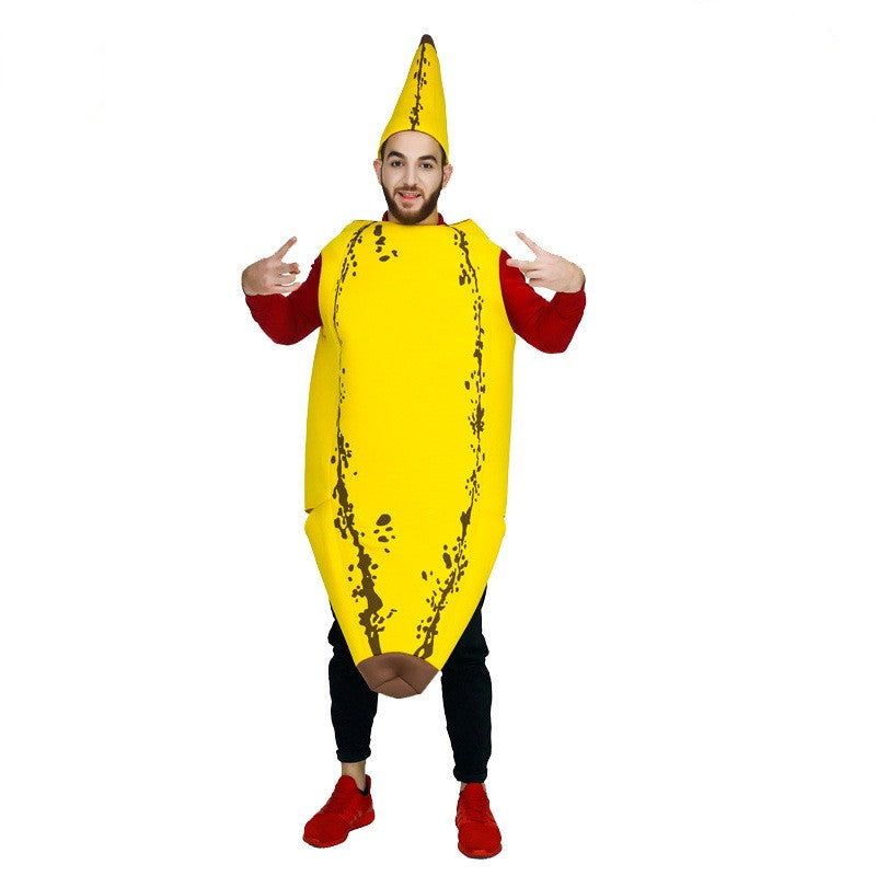 Adult banana costume with a peel hat, worn by a man
