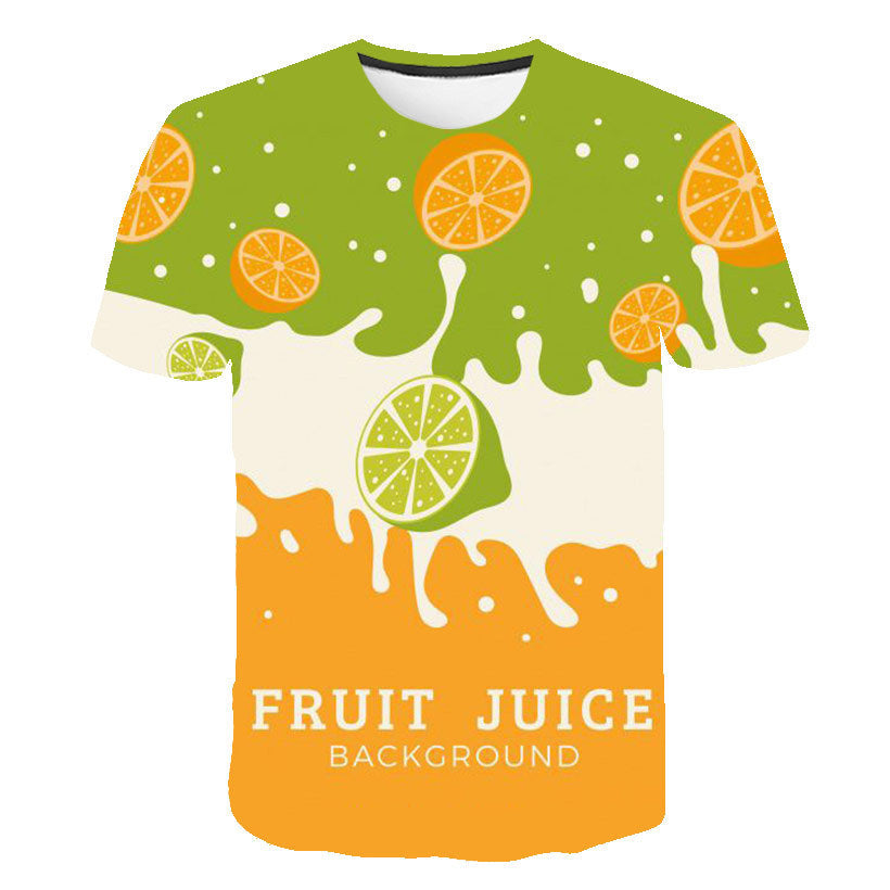 One short-sleeve tee with green and orange splash design, citrus slices and visible FRUIT JUICE text.