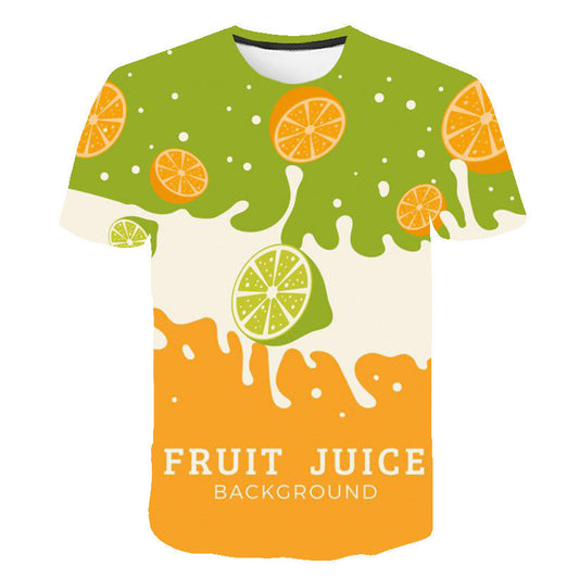 Short-sleeve T-shirt, green top with white splashes, orange bottom, citrus slices and 'FRUIT JUICE' print.
