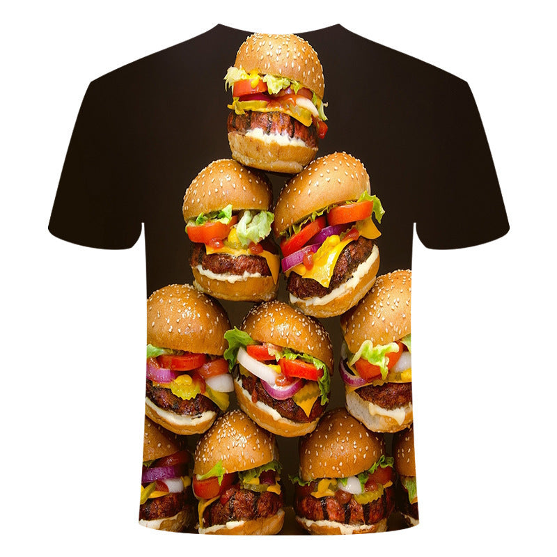 T-shirt featuring a vibrant 3D print of stacked hamburgers, showcasing sesame seed buns, fresh veggies, and colourful topp...
