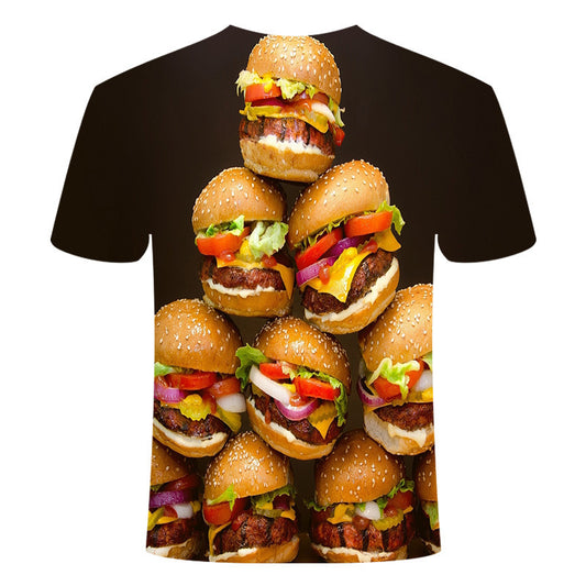T-shirt featuring a vibrant 3D print of stacked hamburgers, showcasing sesame seed buns, fresh veggies, and colourful topp...