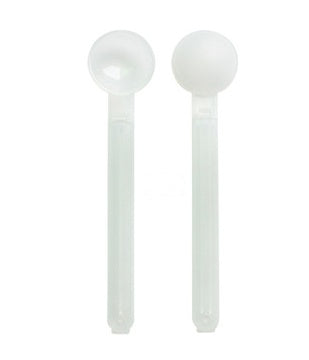 Two translucent white plastic clips with round tops and long flat handles shown upright.