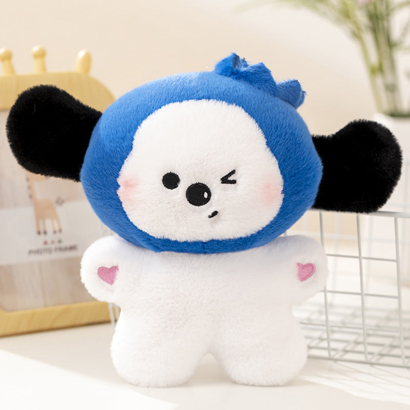 One plush toy with a white body, blue round hood, black ears, winking embroidered face and pink heart hands.