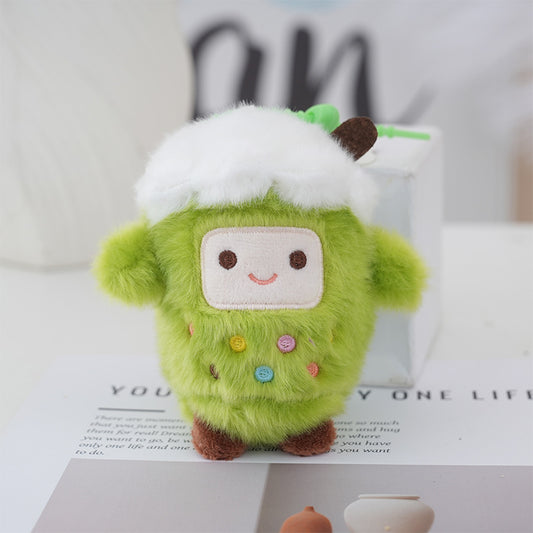 Matcha bubble tea cup plush keychain with a smiley face