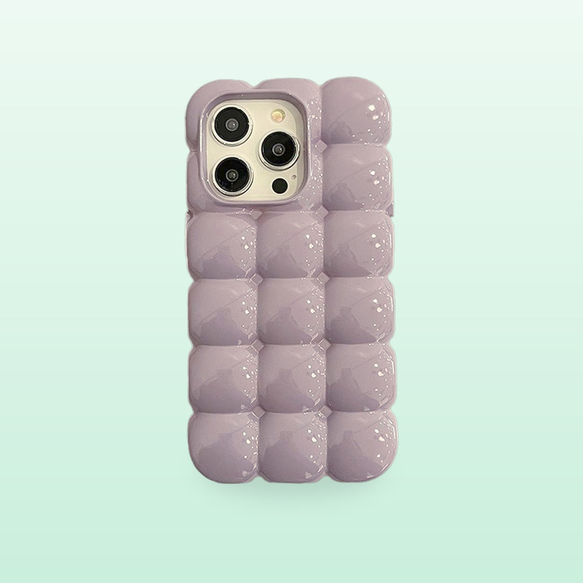 Purple bubble block iPhone case with puffy glossy squares, back view, on a mint green background