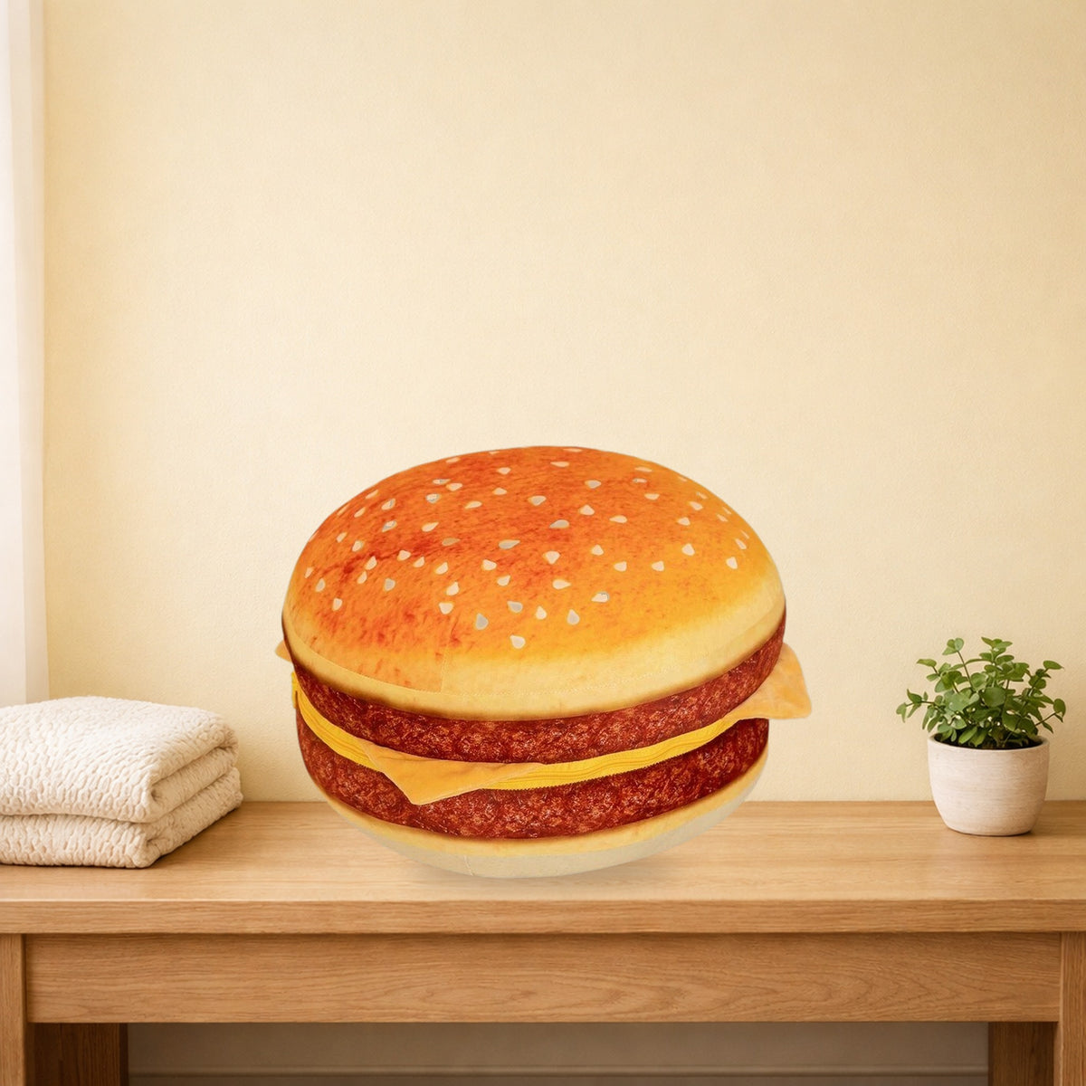 Burger plush cushion on a light oak bench