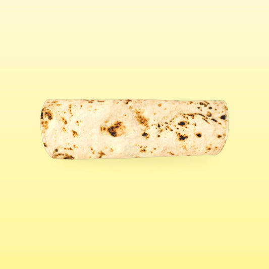 Burrito pencil case rolled up like a tortilla wrap, on a butter yellow background