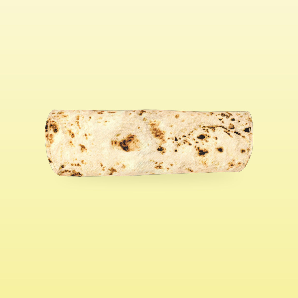 Burrito pencil case rolled up like a tortilla wrap, on a butter yellow background