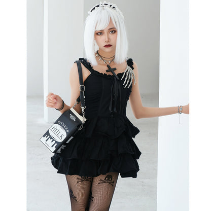 Goth milk carton crossbody bag worn on the shoulder