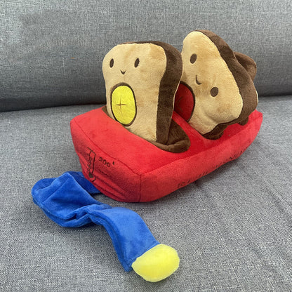 Cute bread machine snuffle dog toy with plush toasted bread slices and a colourful blue and yellow cloth.