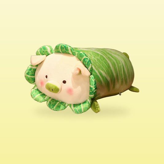 Cabbage pig plush pillow with round eyes, on a butter yellow background
