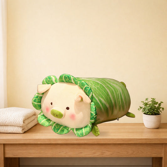 Cabbage pig plush pillow lying on a light oak bench