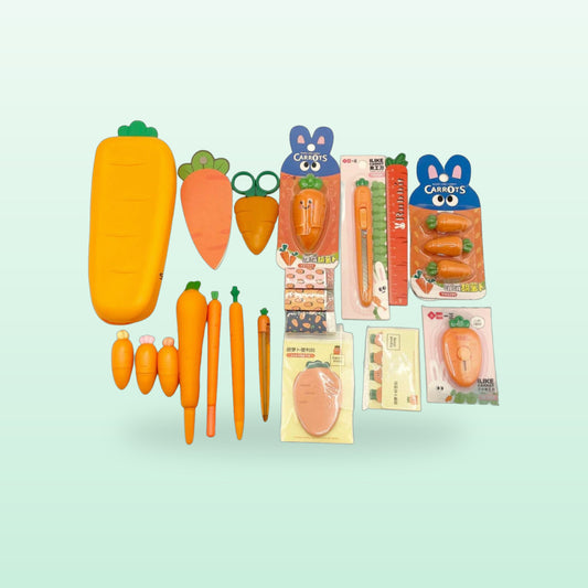 Carrot stationery set laid out with carrot pencil case, pens, scissors, erasers and memo pads, on a mint green background