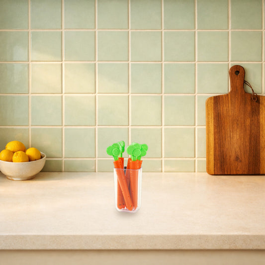 Carrot food clips in their clear holder on a kitchen worktop