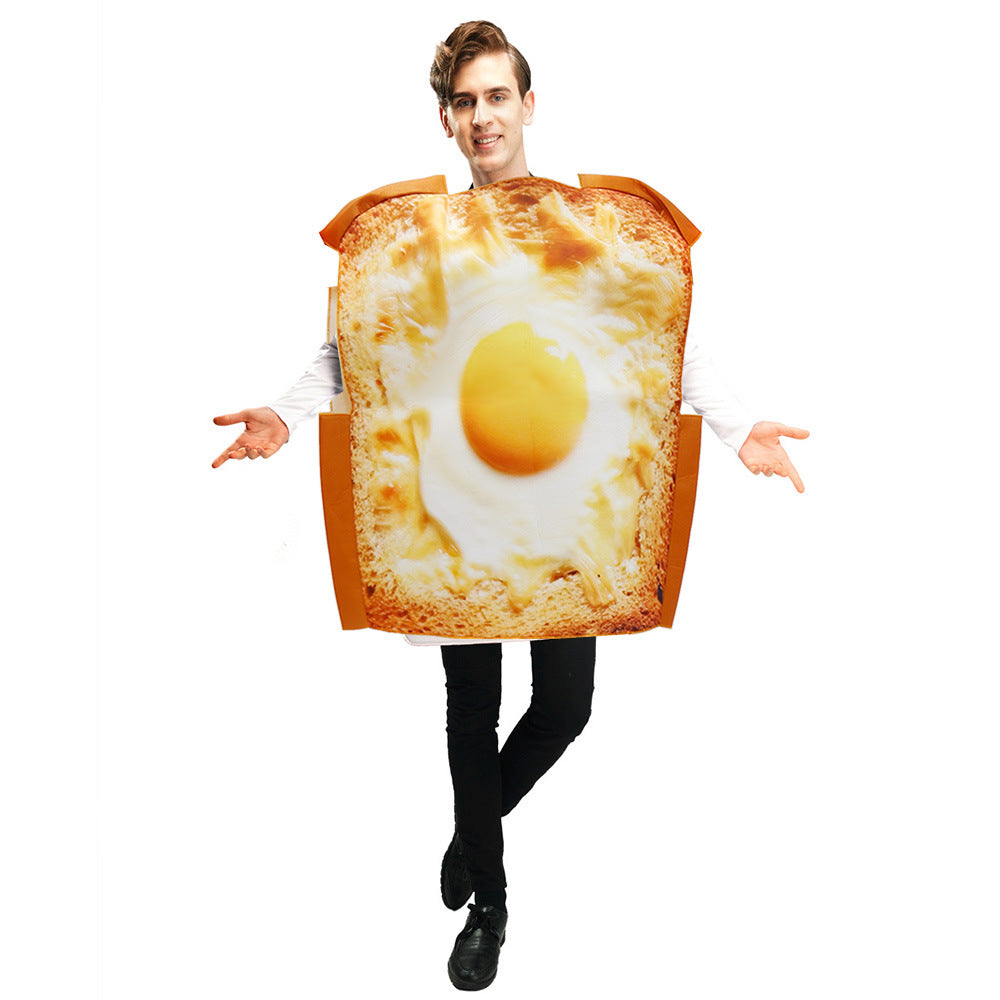 A grown-up dressed as a slice of toast with a fried egg food costume