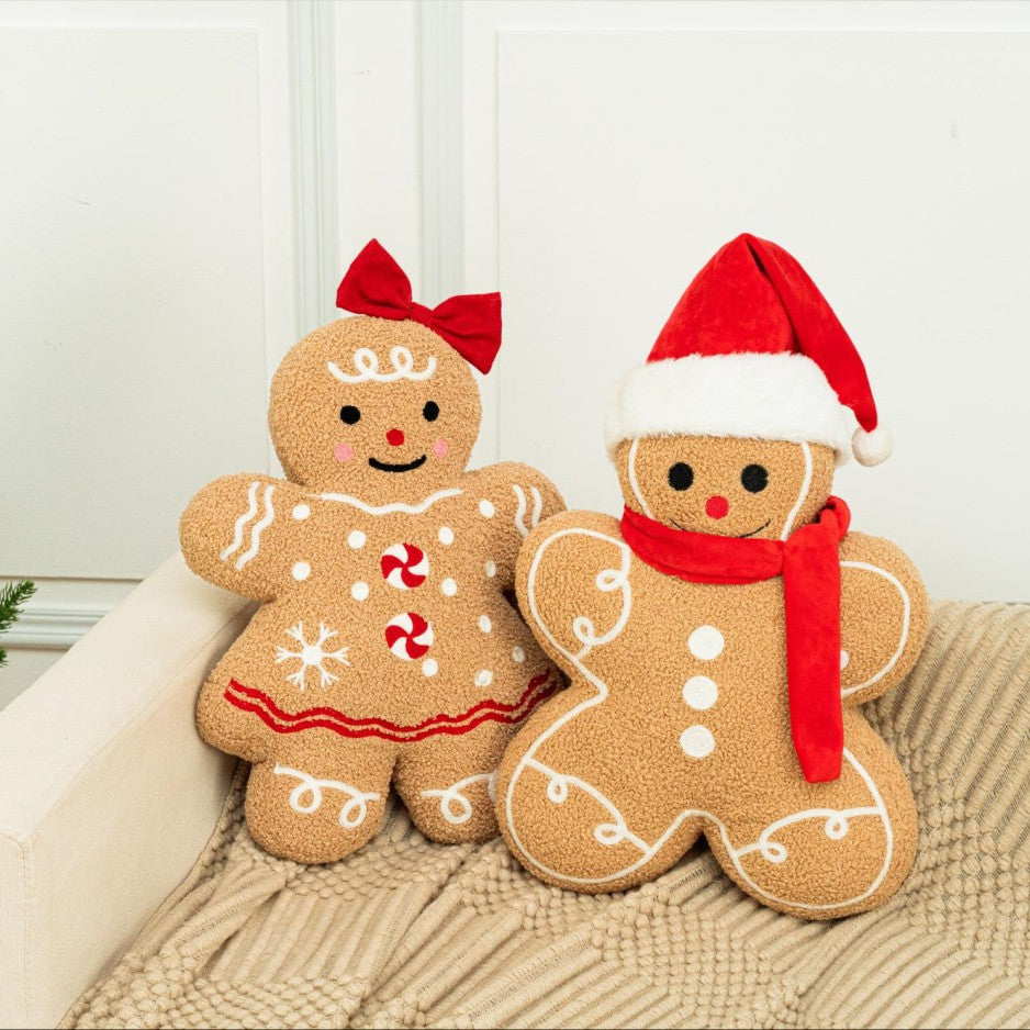 Pair of gingerbread cookie cushions on a sofa