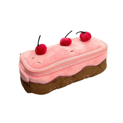 Pink cherry cake plush pencil case on a white background