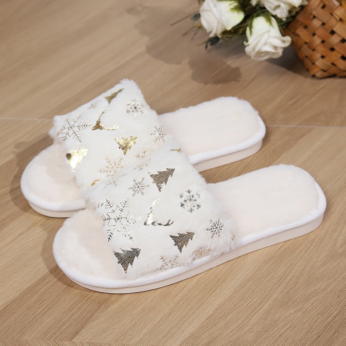 Christmas Plush Slippers Fashion Open - toed Home Slipper Indoor Warm Non - slip Floor Bedroom House Shoes For Couples Women Men - 4 - Scribble Snacks